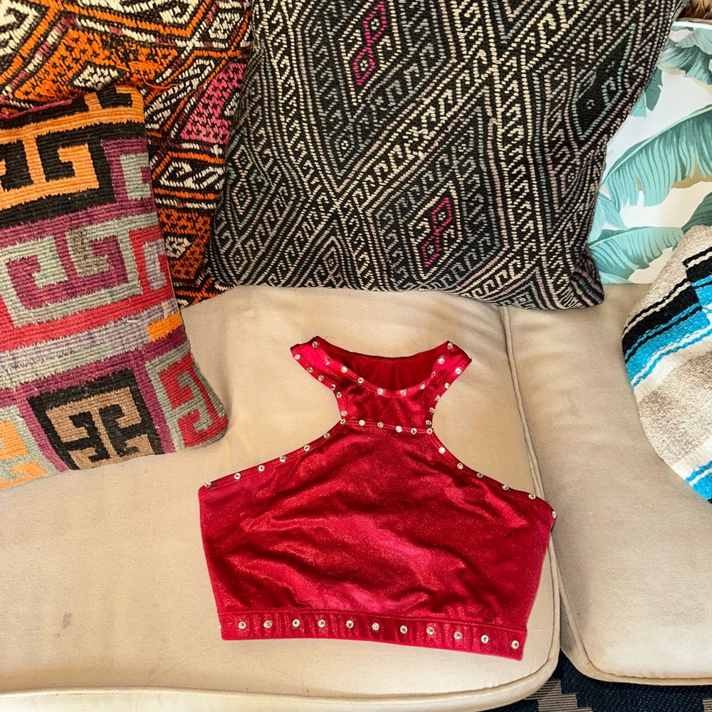 Red shimmer Studded Halter sport bra Top dance competition